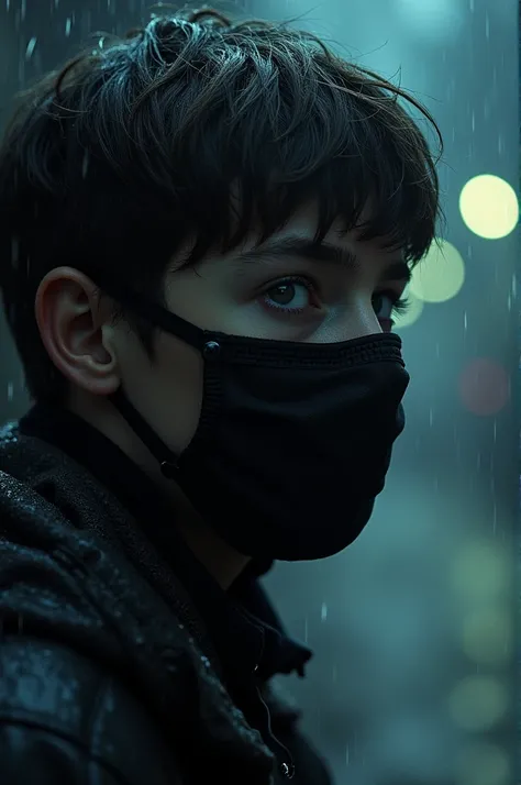 ((best quality)), ((masterpiece)), (detailed), perfect face, dangerous, street light, rain, a boy, innocent face, face covered by mask