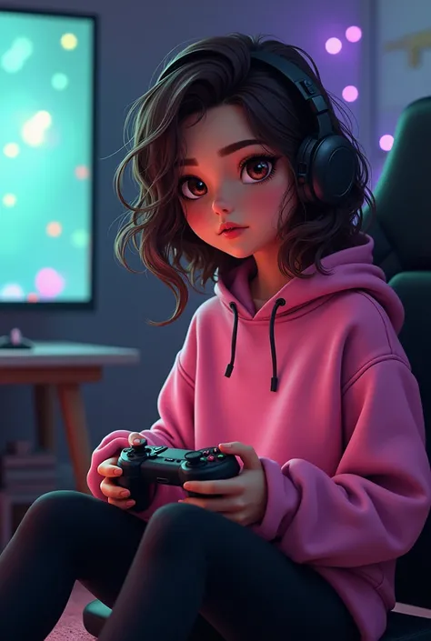 Gamer girl with: brown médium long curly hair, brown eyes, métis skin, a pink sweat-shirt and a black leggings she is in her gamer room and she have game controllers of a Xbox in his and 