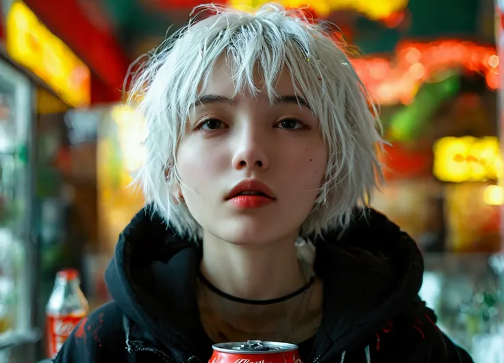 Wearing a black hoodie、A girl with short, unkempt bob hair、Pure white hair、Drink Coca-Cola