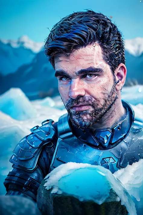 extreme close-up, close-up on face, man, sitting on a rock, futurist neon armor , blue hair and blue stubble, snowy landscape wi...