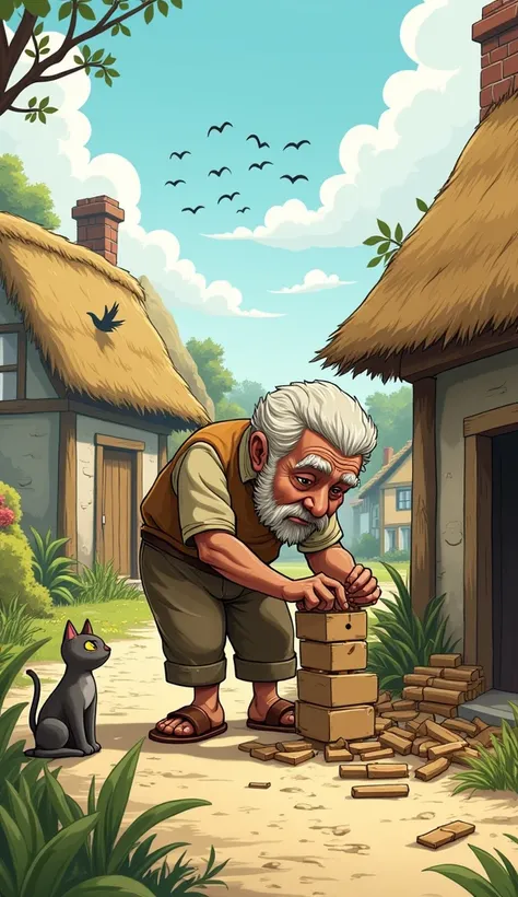  the poor older man making his own short home in village cartoon animation 