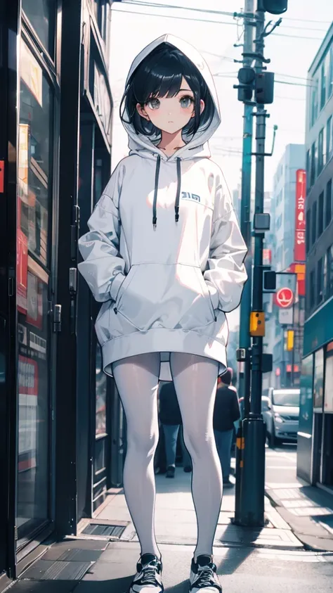  whole body，short hair，Standing picture，White hooded sweatshirt, Pantyhose