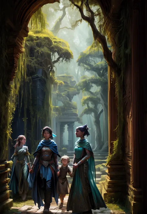 A cinematic medium shot of three teenagers - two girls and a boy - dressed in blue tabards, exploring an ancient temple ruins in a swamp. The background is filled with intricate details, including moss-covered stones, twisted trees, and eerie atmosphere. T...