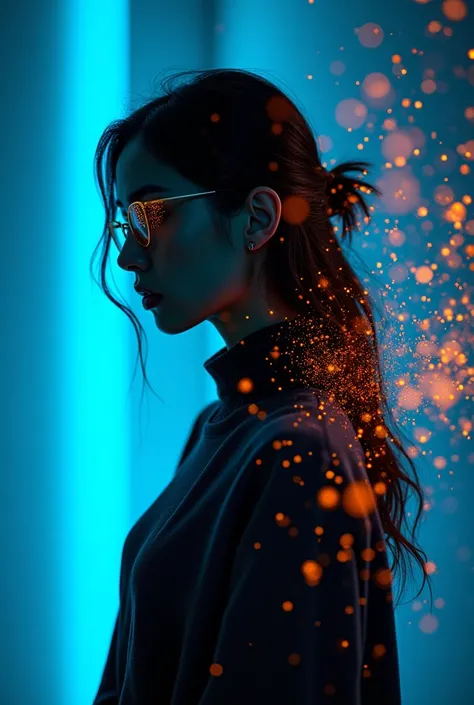 ashion editorial photography, medium shot of an asian model,Blue background,Orange contrast,Tech patterns, Dynamic silhouette, Virtual devices, Light effects and particles, Futuristic typography, Dynamic movement,Abstract geometry