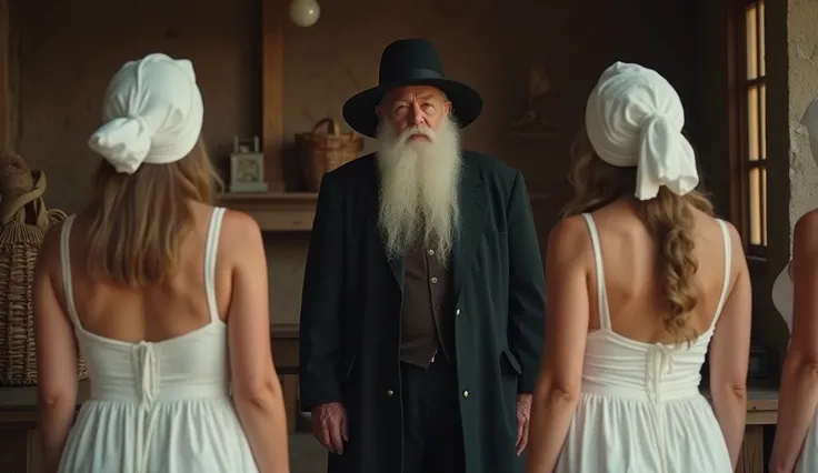 An elderly man dressed in traditional Amish attire, standing in front of several women (young and beautiful, large breasts).

The man has a long white beard and wears a dark hat and coat, The women ((in white underwear) ((white European maids headdress)), ...