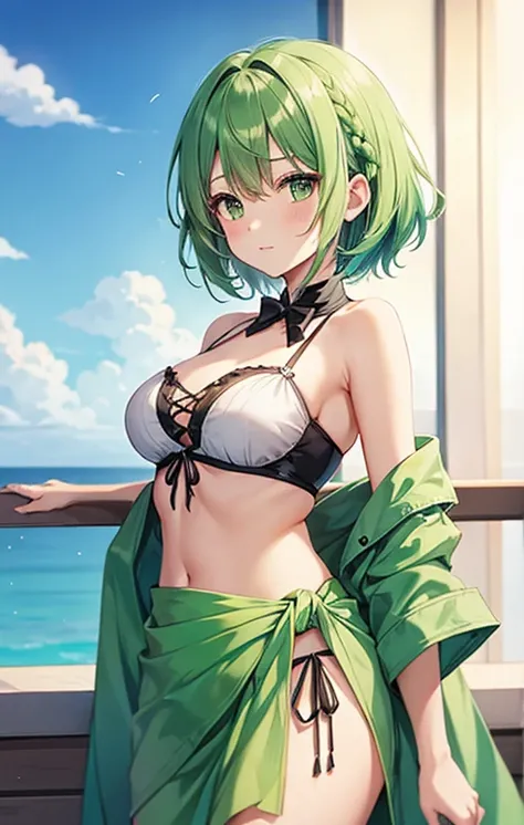 anime girl with green hair and a ribbon in her short hair,side Braided Hair,sarong