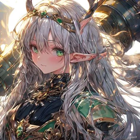 Beautiful elf lolka with two small horns, long silver hair, and green eyes, medium chest, and a two-handed hammer UHD, textured skin, super detail, high details, high quality,
