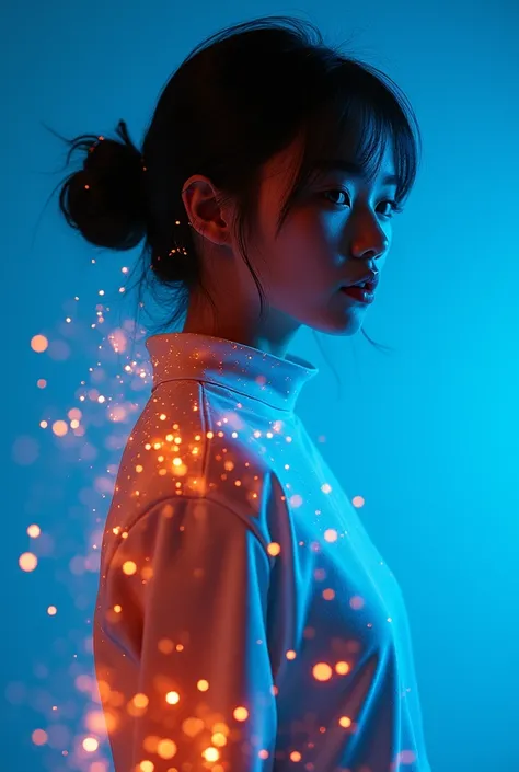 ashion editorial photography, medium shot of an asian model,Blue background,Orange contrast,Tech patterns, Dynamic silhouette, Virtual devices, Light effects and particles, Futuristic typography, Dynamic movement,Abstract geometry