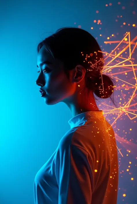 ashion editorial photography, medium shot of an asian model,Blue background,Orange contrast,Tech patterns, Dynamic silhouette, Virtual devices, Light effects and particles, Futuristic typography, Dynamic movement,Abstract geometry