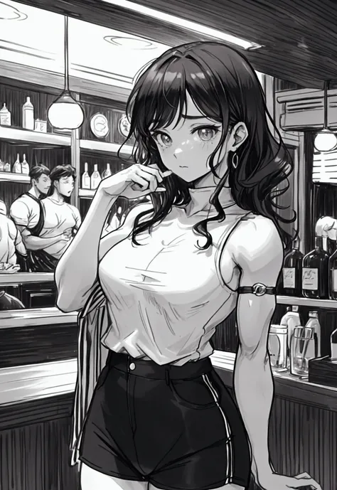 Create a detailed dynamic manga style illustration of a very  woman in a bar, proudly showing off her biceps to her friends. She has curly brown hair and large black eyes. Her expression is serious and focused as she intently watches her small, round bicep...