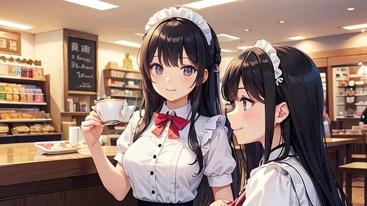 In the maid café、Please draw an illustration of a smiling woman in a maid uniform serving tea to a customer.。The woman has a gentle expression、I enjoy talking to customers。In the background、The interior of the store is depicted with counters and decoration...