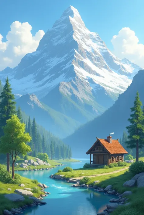 Mountain+ small hut+ river


