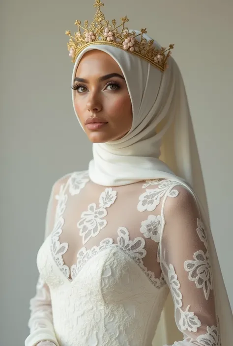 Hijab wear minimalist flower.  double layer hijab . minimalist lace wedding dress . Very gorgeous. Big breast. Tight dress. Minimalist gold crown.