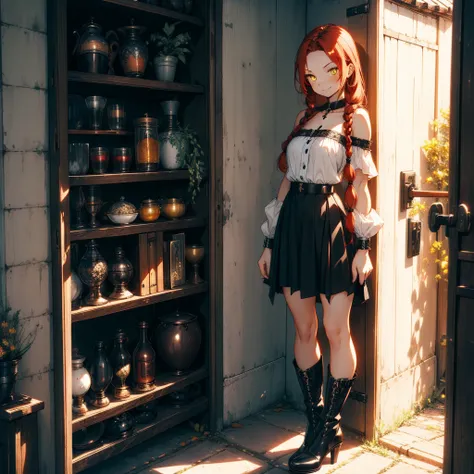 women, Natural redhead with 2 braids, honey yellow eyes, long black nails, chest a little big, mischievous smile, sinister smile, short black skirt, black off shoulder blouse, black shoes with boots, Whole body, standing at the entrance of a house leaning ...