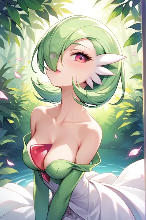 high-resolution digital illustration of gardevoir, a psychic-type pokémon, in anime style. portrait view with the following deta...