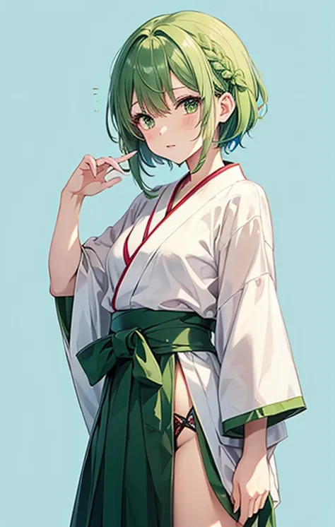 anime girl with green hair and a ribbon in her short hair,side Braided Hair,Fundoshi-style hakama