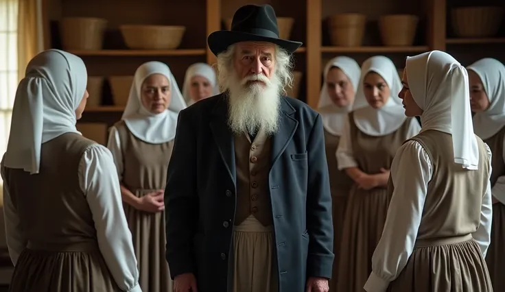 An elderly man dressed in traditional Amish attire, standing in front of several women wearing partial Amish underwear and headdresses. The man has a long white beard and wears a dark hat and coat, while the women wear white headdresses and white blouses, ...