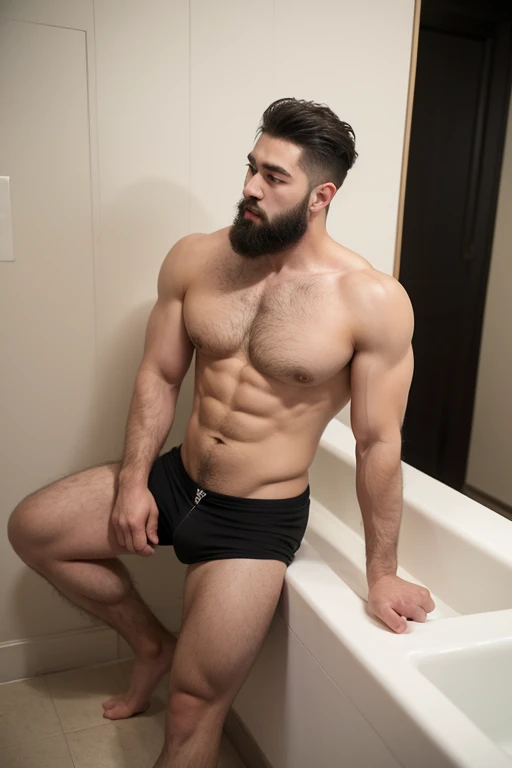 ((best quality)), ((masterpiece)), (detailed), perfect big detailed hairy plump muscle man in bath , beard, dark skin color, skinhead, Japanese men,  In black boxer and short hair, full body 