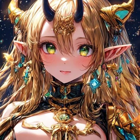 Beautiful elf lolka with two small horns, long golden hair, and green eyes, medium chest, and UHD staff, textured skin, super detail, high details, high quality,
