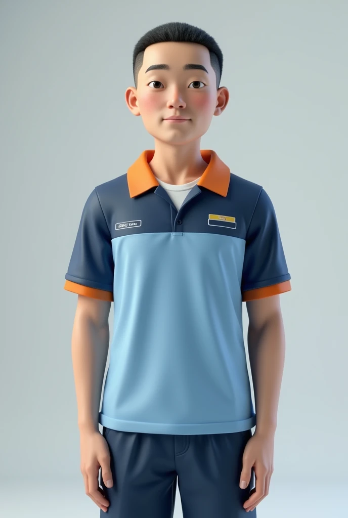 has slightly bald hair, a slightly aquiline nose, slightly white skin and is 164cm tall, wearing a vocational school uniform with a light blue and dark blue top and orange collar, realistic 3d male genitals and an Asian man