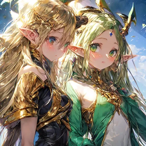 Beautiful elf lolka with two small horns, long golden hair, and green eyes, medium breasted, and UHD staff, textured skin, super detail, high details, high quality,
