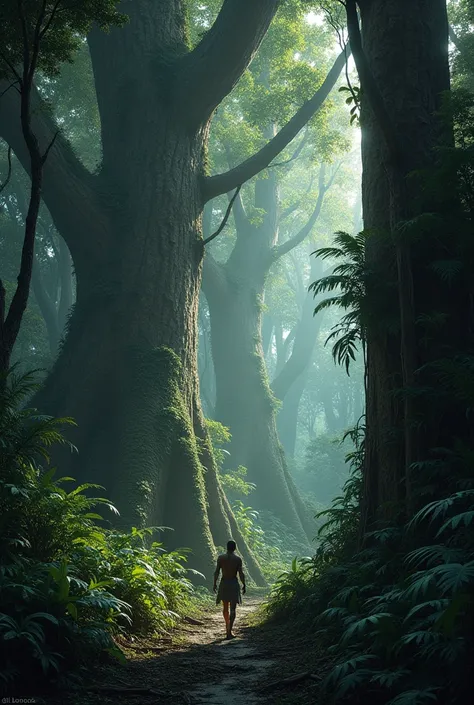 A denesh , dark jungle with towering trees and thick undergrowth.