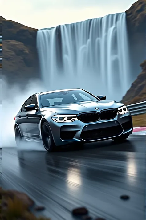 Bmw m5 gray with water fall and racing track with drifting smoke and one headlight bulb 
