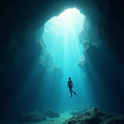 A photo of a serene underwater scene in a crystal-clear cave. The cave walls are rocky and are illuminated by light filtering down from above, casting shimmering patterns across the underwater landscape. In the center of the scene, a lone freediver glides ...