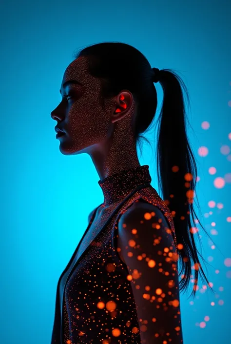 ashion editorial photography, medium shot of an asian model,Blue background,Orange contrast,Tech patterns, Dynamic silhouette, Virtual devices, Light effects and particles, Futuristic typography, Dynamic movement,Abstract geometry