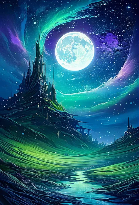 The moon is surrounded by many, many glowing stars. The starry sky is twinkling and the light trails are even brighter. Surreal scene. Beautiful stunning composition. Subtle shadows and highlights. Dark blues, light blues and greens, and purple tones. More...