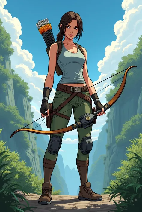 Lara croft, Rise of the tomb raider, arrows in a quiver on the back, holds a weapon bow, anime style, Cartoonish, очень Cartoonish