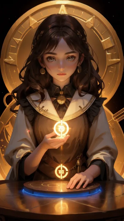  determined young woman, dressed as an alchemist, carefully mixing glowing liquids in a rustic, brown-toned laboratory filled with arcane symbols and scattered altcoin coins. The background is a rich brown, giving a warm, mystical ambiance as she performs ...