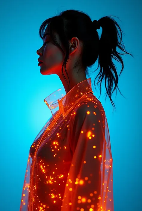 ashion editorial photography, medium shot of a japanese model,Blue background,Orange contrast,Tech patterns, Dynamic silhouette, Virtual devices, Light effects and particles, Futuristic typography, Dynamic movement,Abstract geometry