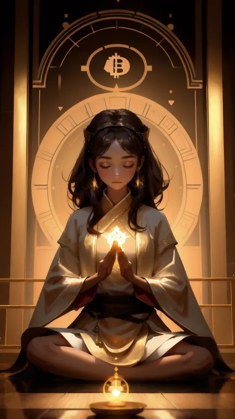 A focused young woman, seated in a meditation pose, surrounded by cryptocurrency charts and glowing altcoins floating around her in a brown-toned room. The background is rich brown, giving a warm, serene ambiance as she practices Altcoin Alchemy, with her ...