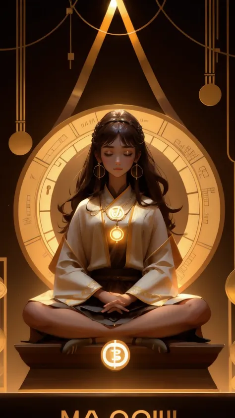 A focused young woman, seated in a meditation pose, surrounded by cryptocurrency charts and glowing altcoins floating around her in a brown-toned room. The background is rich brown, giving a warm, serene ambiance as she practices Altcoin Alchemy, with her ...