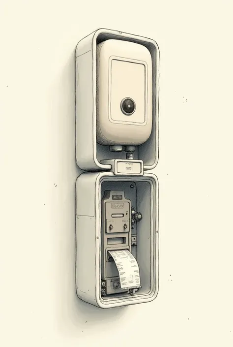 Make me a mock-up of the plans for the prototype of the automatic condom dispenser that shows its exterior and its interior, all as if it were a hand-made illustration.