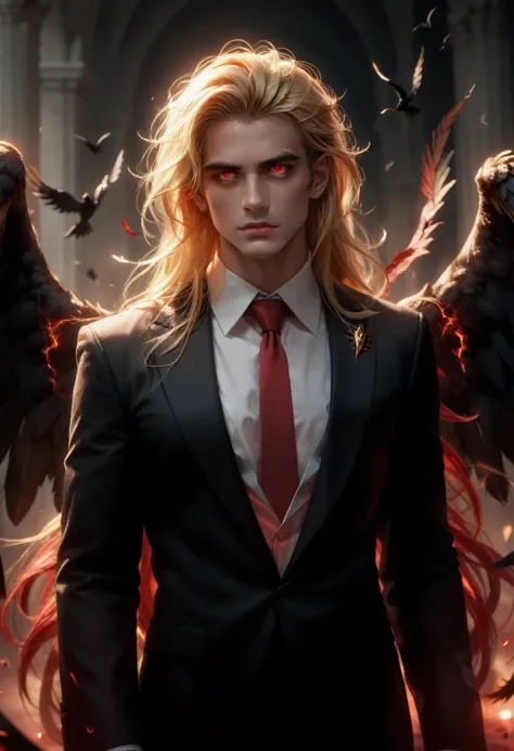 only 1 man, very handsome man, golden hair with long hair style, red eyes, wear black suit and black wings, vampire vibes