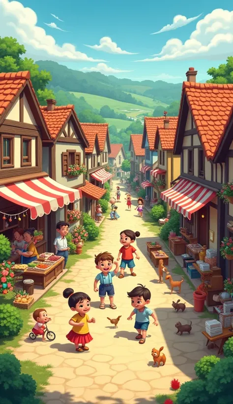 Show Small village and their shops people working children playing show village life in cartoon 