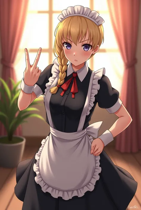 score_9, score_8_up, score_7_up, score_6_up, score_5_up, score_4_up, BREAK source_anime, 1girl, clothed, saber alter, indoors, potted plant, window, sunlight, by kasumi (skchkko), looking at viewer, serious, dutch angle, maid uniform, braid, double middle ...