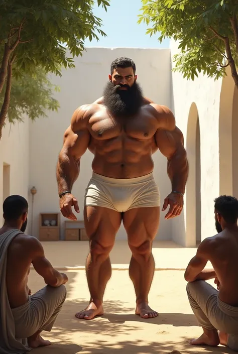 A big hairy very hairy bearded strong muscular Persian man standing in white underwear, in white underwear introducing himself to a , in a courtyard completely walled with a white wall, Sandy ground, big trees in the background. Men around watching sitting...