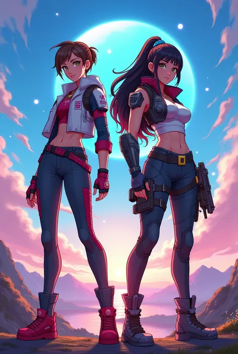 Une pp avec horizon (femme) de apex legend sur un coté et widomaker (femme) de overwatch de lautre, avec un style animé