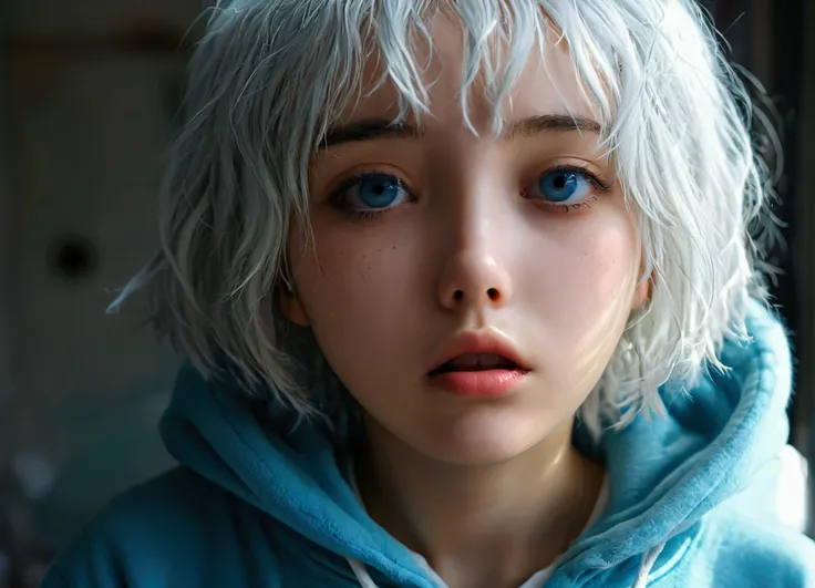 Wearing a blue hoodie、Depressed girl with short, unkempt bob hair、Pure white hair、Open your mouth、Hollow Eyes