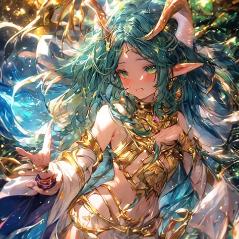 Beautiful elf lolka with two small horns, long golden hair, and green eyes, medium breasted, and UHD staff, textured skin, super detail, high details, high quality,
