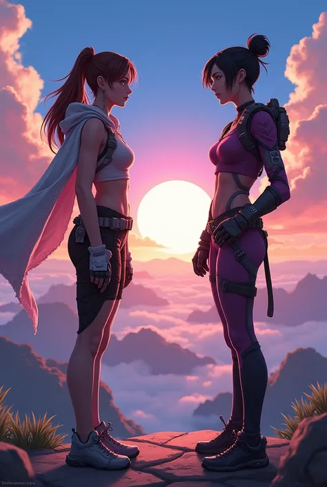 Une pp avec horizon (femme) de apex legend sur un coté et widomaker (femme) de overwatch de lautre, avec un style animé, mais qui resemble vraipent au personnages des jeux en question