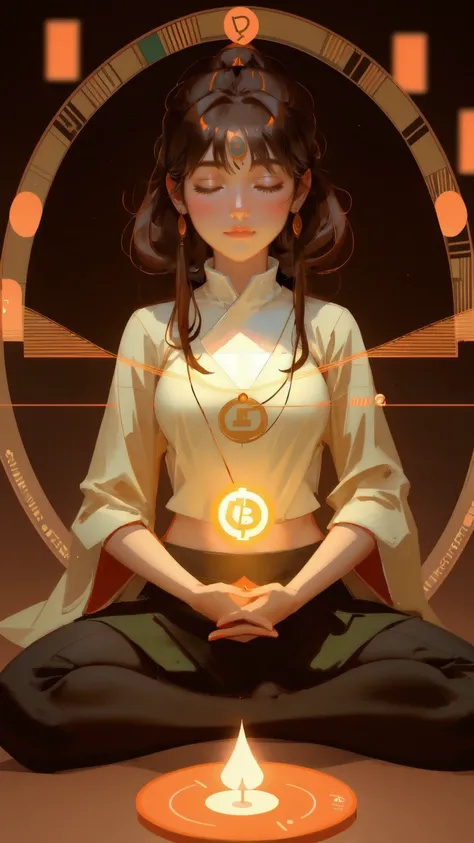 A peaceful image of a woman meditating in a yoga pose, surrounded by floating cryptocurrency tokens and DeFi charts. The brown background adds warmth and stability, symbolizing the grounded nature of her practice. Keywords: DeFi Yield Yoga, serenity, balan...