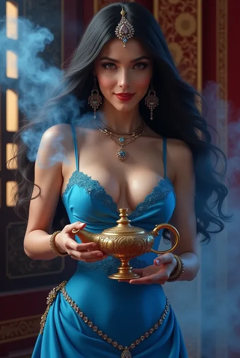 ultra realistic, photography, long black straight hair, elegant hair, (30 years old, hazel eyes, hourglass figure, perfect fit body, natural big breasts), femme fatale, blue Princess jasmine costume, oriental background, holding the magic lamp from aladdin...