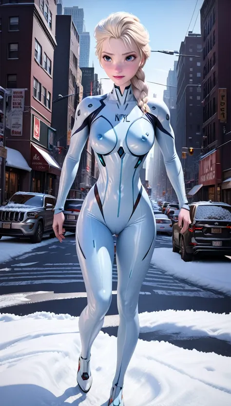 Elsa from "Frozen", wearing an evangelion plugsuit (pale blue:1.37), covered hard nipples, ((warm smile)), long platinum blonde hair in single braid, ice blue eyes, in various fighting poses, (wide angle shot:1.32), (full length portrait:1.27),snow covered...