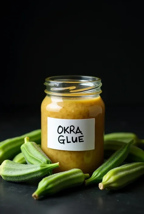 Create an image of Okra Glue in a glass jar with a tight fitting lid, and okras on the side and a letter with white paper aesthetic in the middle that says okra GLUE and black background 