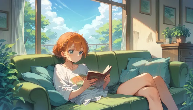 highest quality,reading on the sofa,orange hair,in front of a large window,outside the window, fresh greenery,blue sky