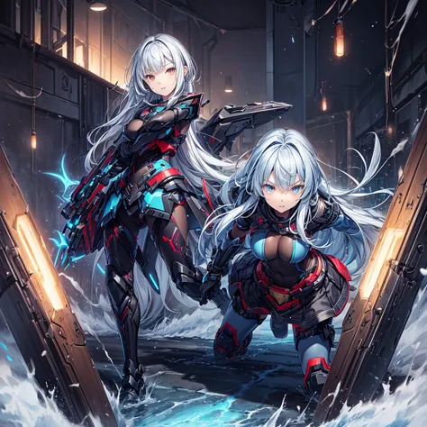 (((Best resolution, Textured skin, high quality, Caution about scars, Precise CG unification, game CG))), (One girl), hunter, blue long hair, Are standing, (action pose: 1.4), dynamic angle, Holding a gun, blizzard,